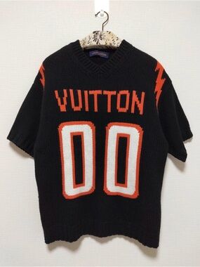 Louis Vuitton Black & Orange V-Neck Knit Sweater with White Accents